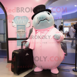 Pink Stellar'S Sea Cow mascot costume character dressed with a Tuxedo and Tote bags