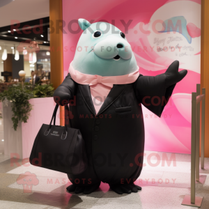 Pink Stellar'S Sea Cow mascot costume character dressed with a Tuxedo and Tote bags