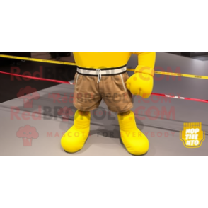 Yellow Boxing Glove mascot costume character dressed with a Sweatshirt and Anklets