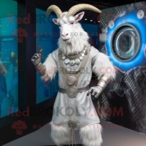Silver Goat mascot costume character dressed with a Bodysuit and Necklaces