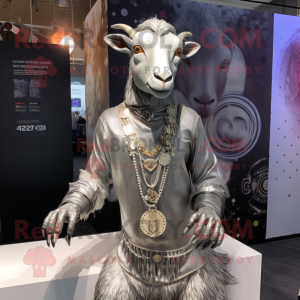 Silver Goat mascot costume character dressed with a Bodysuit and Necklaces