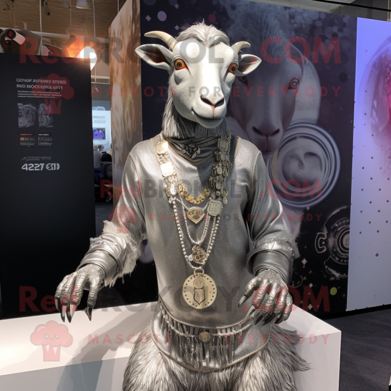 Silver Goat mascot costume character dressed with a Bodysuit and Necklaces Silver Goat mascot costume character dressed with a Bodysuit and Necklaces