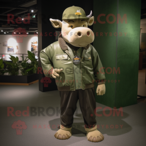 Olive Bull mascot costume character dressed with a Joggers and Berets