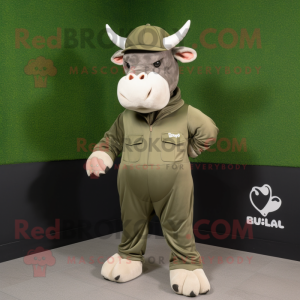 Olive Bull mascot costume character dressed with a Joggers and Berets