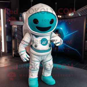 Teal Astronaut mascot costume character dressed with a Playsuit and Shawls