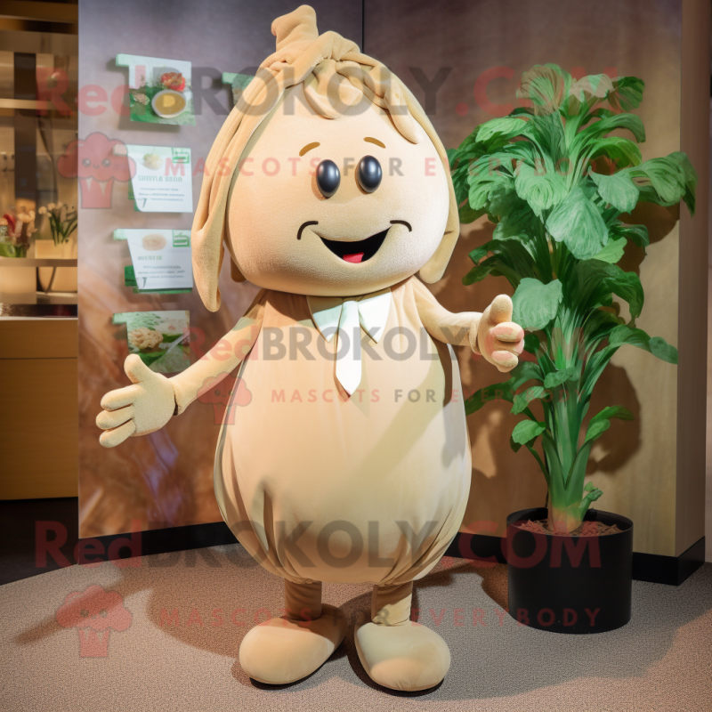 Tan Radish mascot costume character dressed with a Culottes and Hairpins