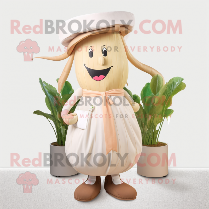 Tan Radish mascot costume character dressed with a Culottes and Hairpins Tan Radish mascot costume character dressed with a Culottes and Hairpins