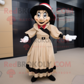 Tan Mime mascot costume character dressed with a A-Line Skirt and Scarf clips