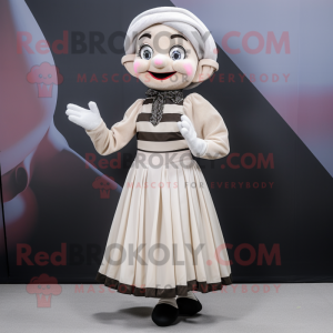 Tan Mime mascot costume character dressed with a A-Line Skirt and Scarf clips