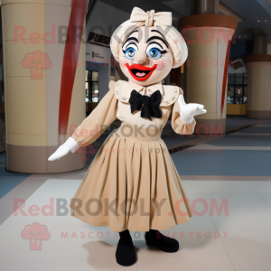 Tan Mime mascot costume character dressed with a A-Line Skirt and Scarf clips