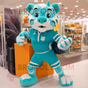 Turquoise Tiger mascot costume character dressed with a Running Shorts and Briefcases