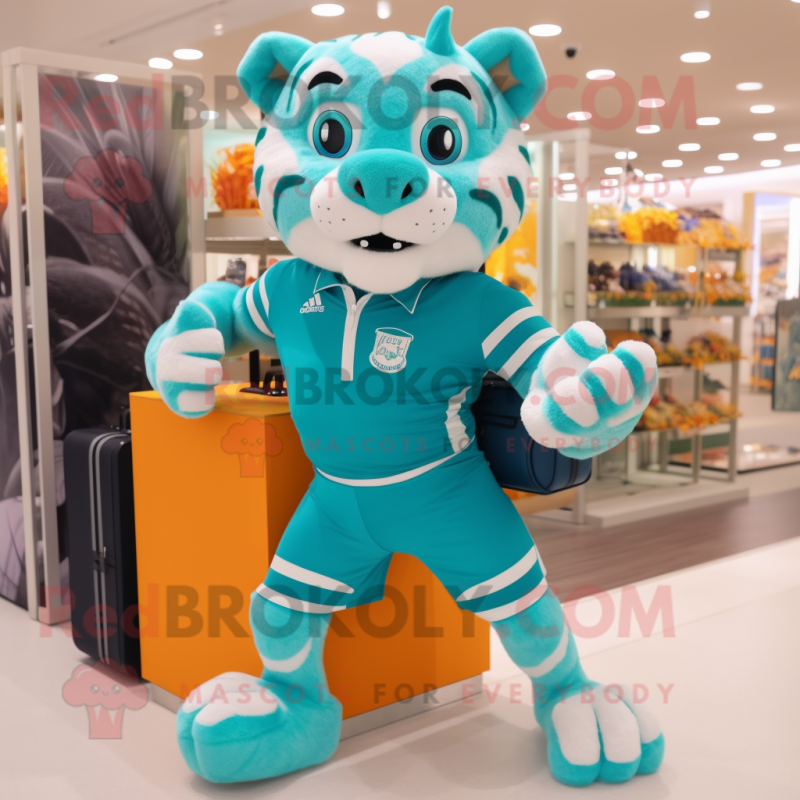 Turquoise Tiger mascot costume character dressed with a Running Shorts and Briefcases Turquoise Tiger mascot costume character dressed with a Running Shorts and Briefcases