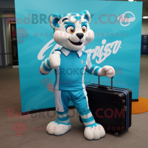 Turquoise Tiger mascot costume character dressed with a Running Shorts and Briefcases