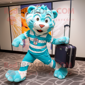 Turquoise Tiger mascot costume character dressed with a Running Shorts and Briefcases