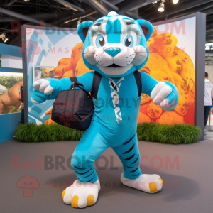 Turquoise Tiger mascot costume character dressed with a Running Shorts and Briefcases