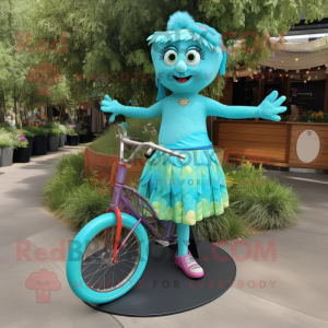 Turquoise Unicyclist mascot costume character dressed with a Mini Dress and Necklaces