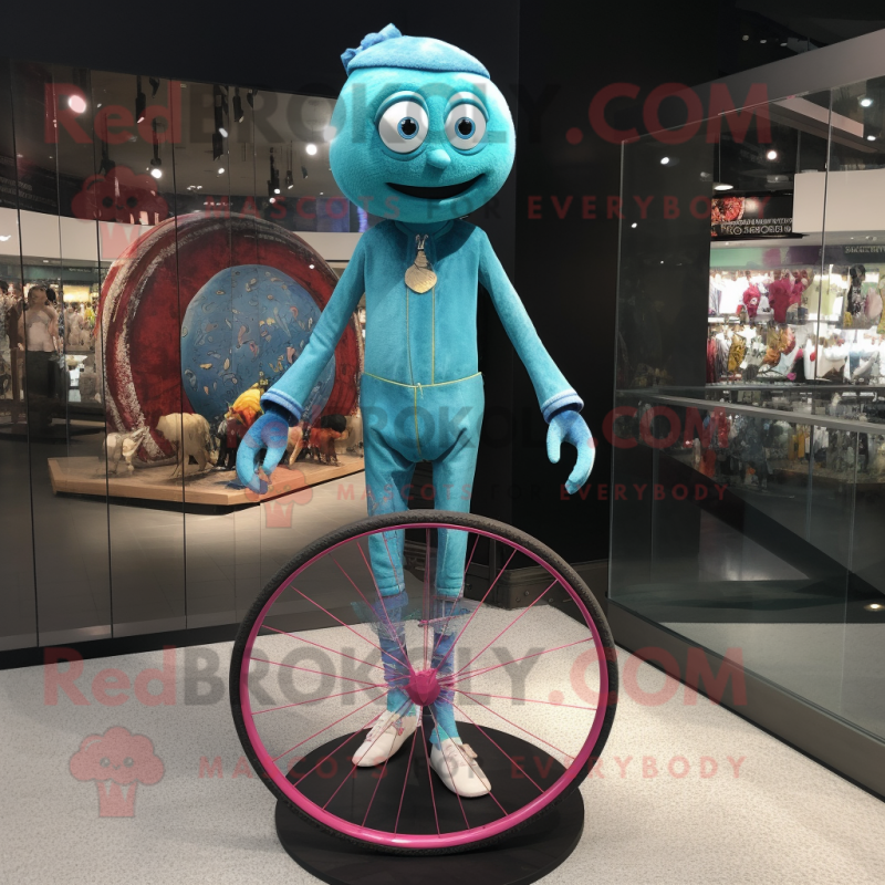 Turquoise Unicyclist mascot costume character dressed with a Mini Dress and Necklaces