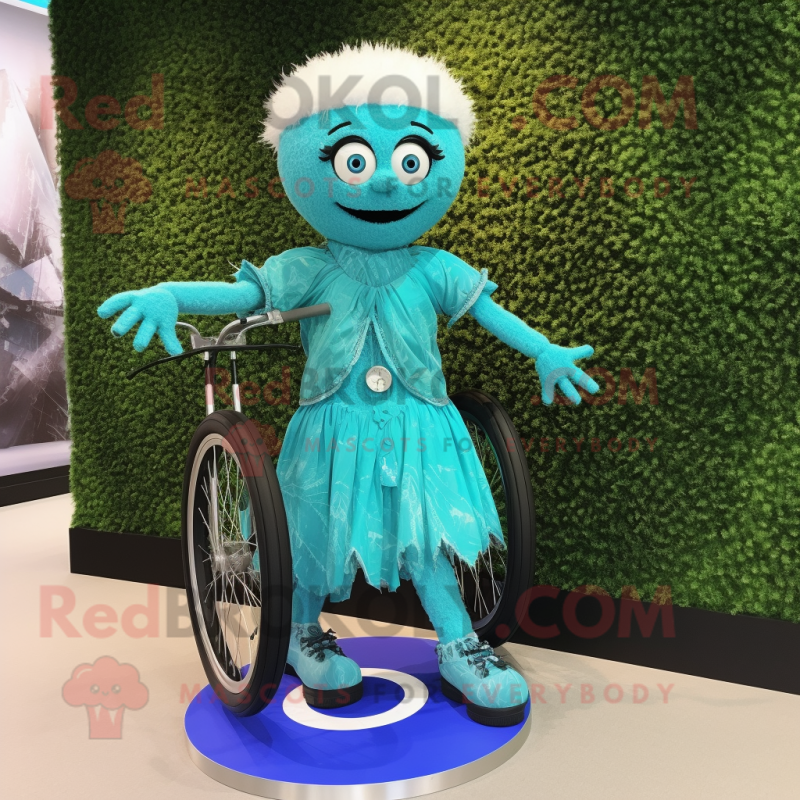 Turquoise Unicyclist mascot costume character dressed with a Mini Dress and Necklaces