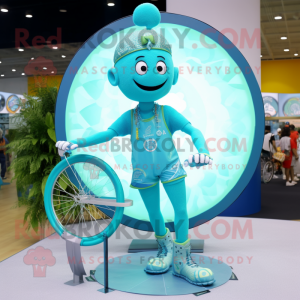 Turquoise Unicyclist mascot costume character dressed with a Mini Dress and Necklaces