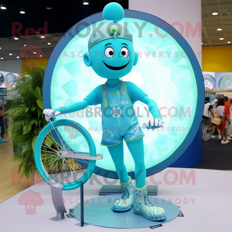 Turquoise Unicyclist mascot costume character dressed with a Mini Dress and Necklaces