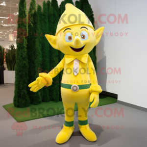 Lemon Yellow Elf mascot costume character dressed with a Corduroy Pants and Cufflinks