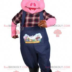 Pink gris maskot klædt som en landmand