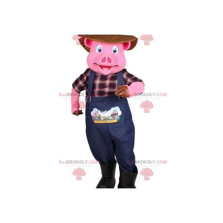 Pink pig mascot dressed as a farmer - Redbrokoly.com