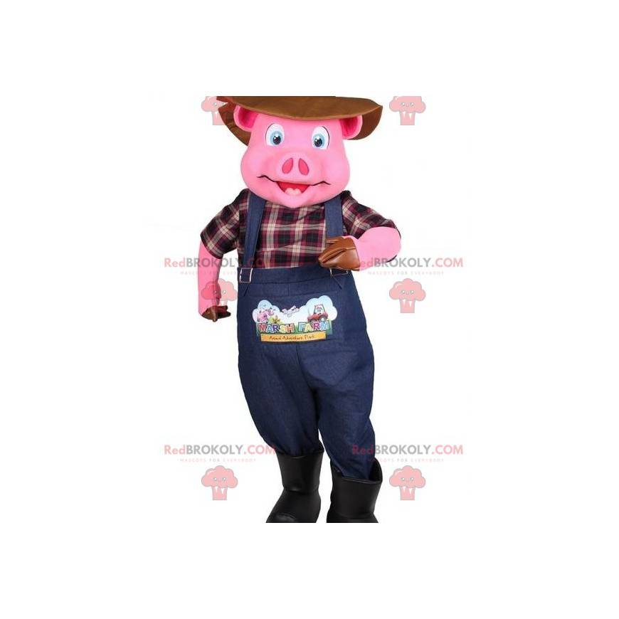 Roze varken mascotte verkleed als boer - Redbrokoly.com