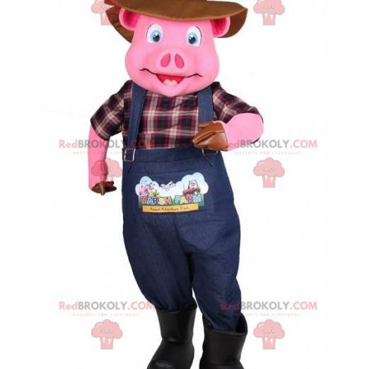Mascota de cerdo rosa vestida como un granjero - Redbrokoly.com