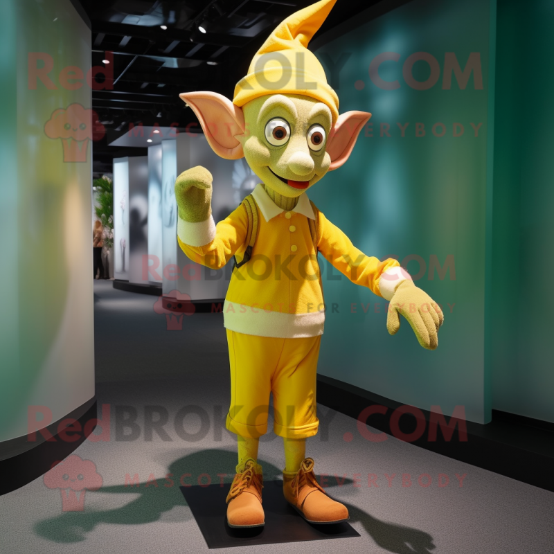 Lemon Yellow Elf mascot costume character dressed with a Corduroy Pants and Cufflinks