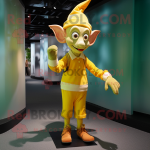 Lemon Yellow Elf mascot costume character dressed with a Corduroy Pants and Cufflinks