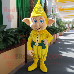 Lemon Yellow Elf mascot costume character dressed with a Corduroy Pants and Cufflinks