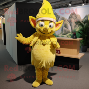 Lemon Yellow Elf mascot costume character dressed with a Corduroy Pants and Cufflinks