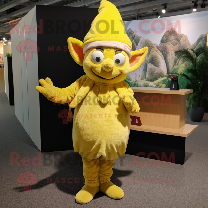 Lemon Yellow Elf mascot costume character dressed with a Corduroy Pants and Cufflinks