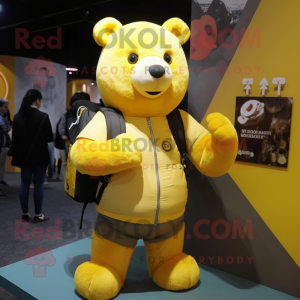Lemon Yellow Bear mascot costume character dressed with a Leather Jacket and Backpacks