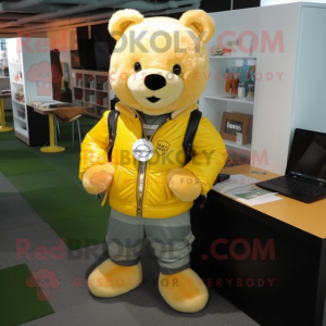 Lemon Yellow Bear mascot costume character dressed with a Leather Jacket and Backpacks