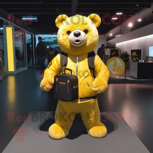 Lemon Yellow Bear mascot costume character dressed with a Leather Jacket and Backpacks