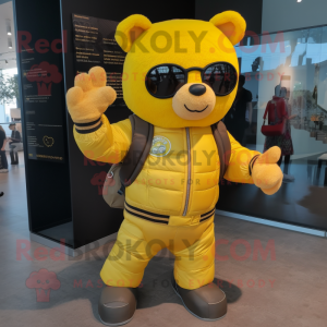 Lemon Yellow Bear mascot costume character dressed with a Leather Jacket and Backpacks