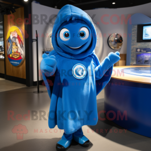 Blue Plate Spinner mascot costume character dressed with a Hoodie and Keychains