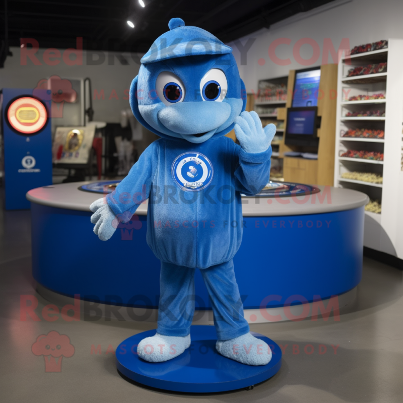 Blue Plate Spinner mascot costume character dressed with a Hoodie and Keychains