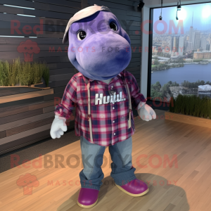 Purple Humpback Whale mascot costume character dressed with a Flannel Shirt and Bracelets