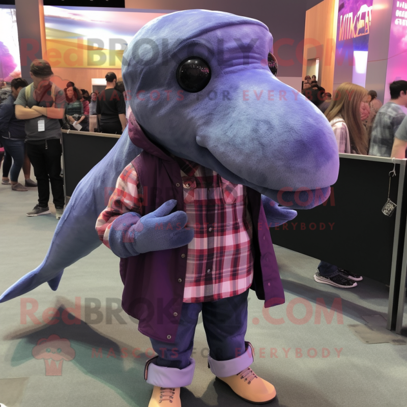 Purple Humpback Whale mascot costume character dressed with a Flannel Shirt and Bracelets Purple Humpback Whale mascot costume character dressed with a Flannel Shirt and Bracelets