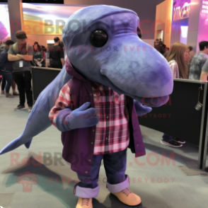 Purple Humpback Whale mascot costume character dressed with a Flannel Shirt and Bracelets