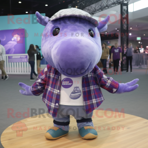 Purple Humpback Whale mascot costume character dressed with a Flannel Shirt and Bracelets