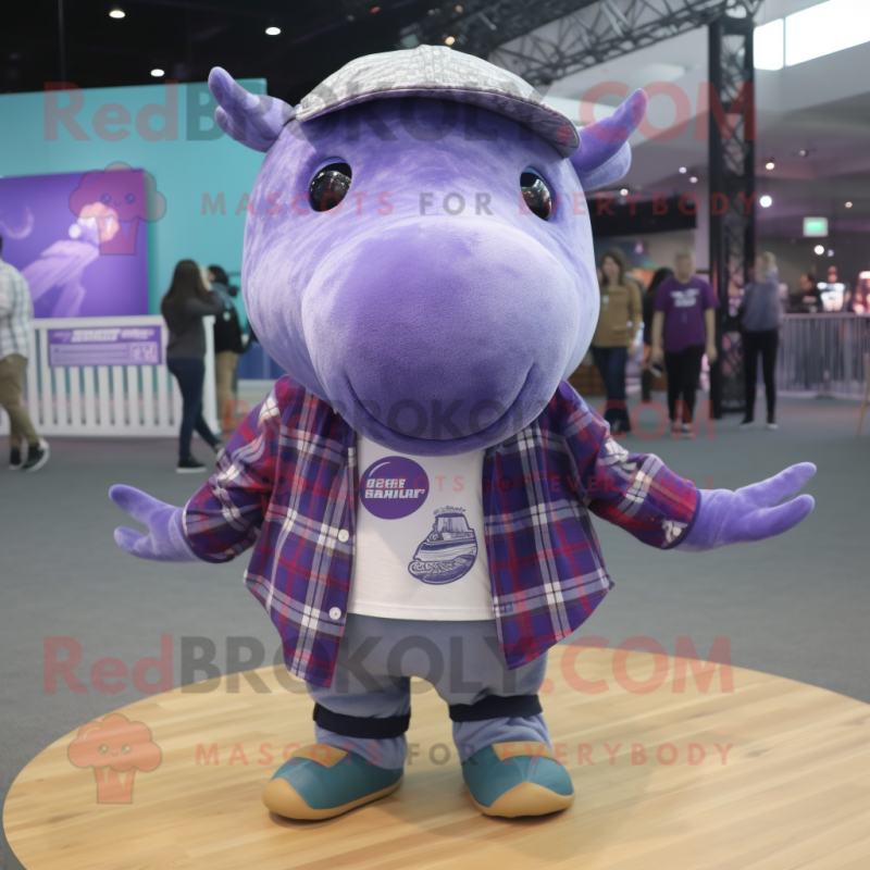 Purple Humpback Whale mascot costume character dressed with a Flannel Shirt and Bracelets