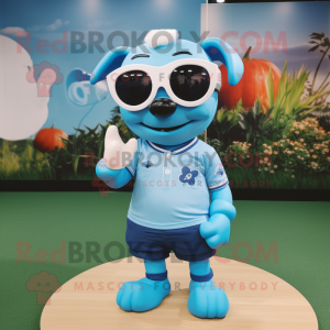 Sky Blue Pho mascot costume character dressed with a Rugby Shirt and Sunglasses