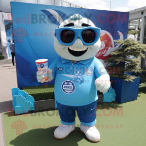 Sky Blue Pho mascot costume character dressed with a Rugby Shirt and Sunglasses
