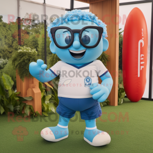 Sky Blue Pho mascot costume character dressed with a Rugby Shirt and Sunglasses