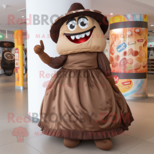 Brown Fajitas mascot costume character dressed with a Ball Gown and Foot pads