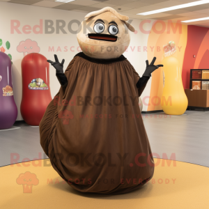 Brown Fajitas mascot costume character dressed with a Ball Gown and Foot pads
